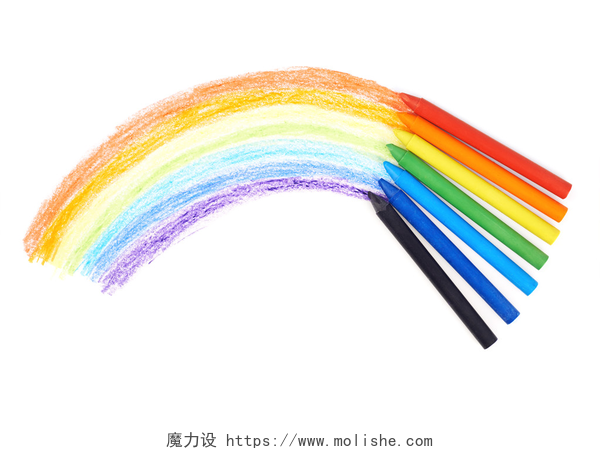 用蜡笔在白色背景绘制的彩虹绘制的彩虹